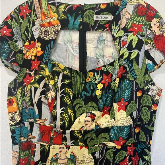 Grace Karin Black multi Printed art pencil Dress Frida Retro 50's Tropical 2XL - Picture 3 of 7